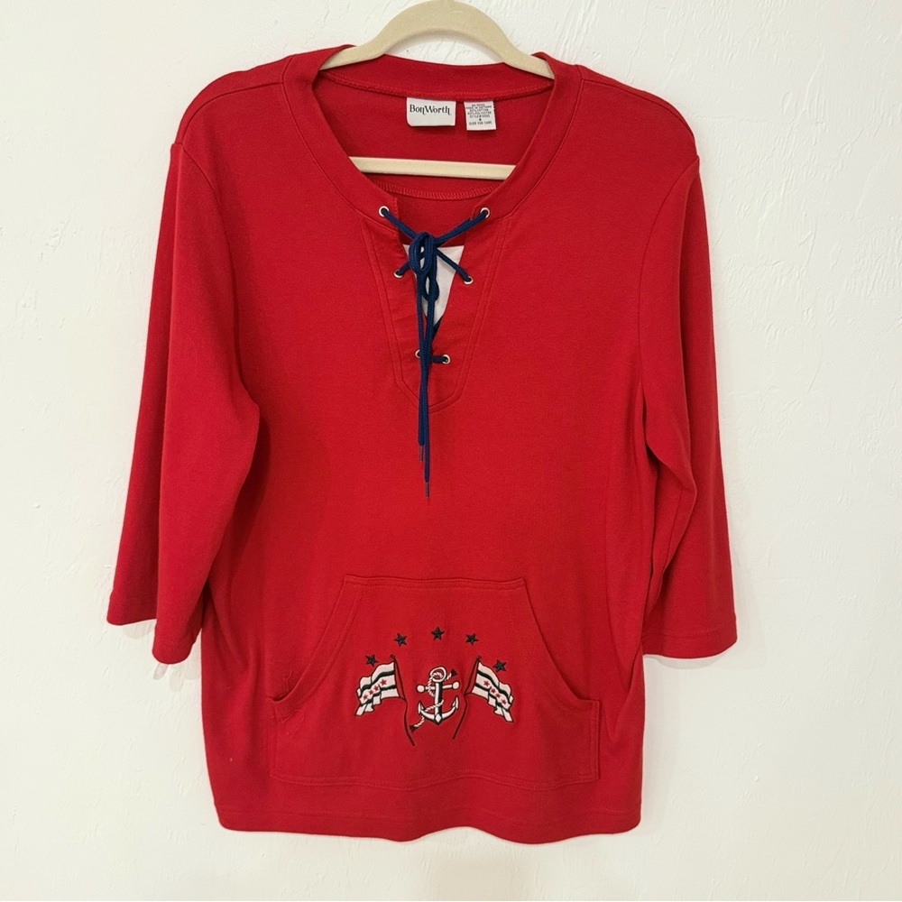 BonWorth Womens Red Nautical Anchor Lace Up Top 3/4 Sleeve Kangaroo Pocket S